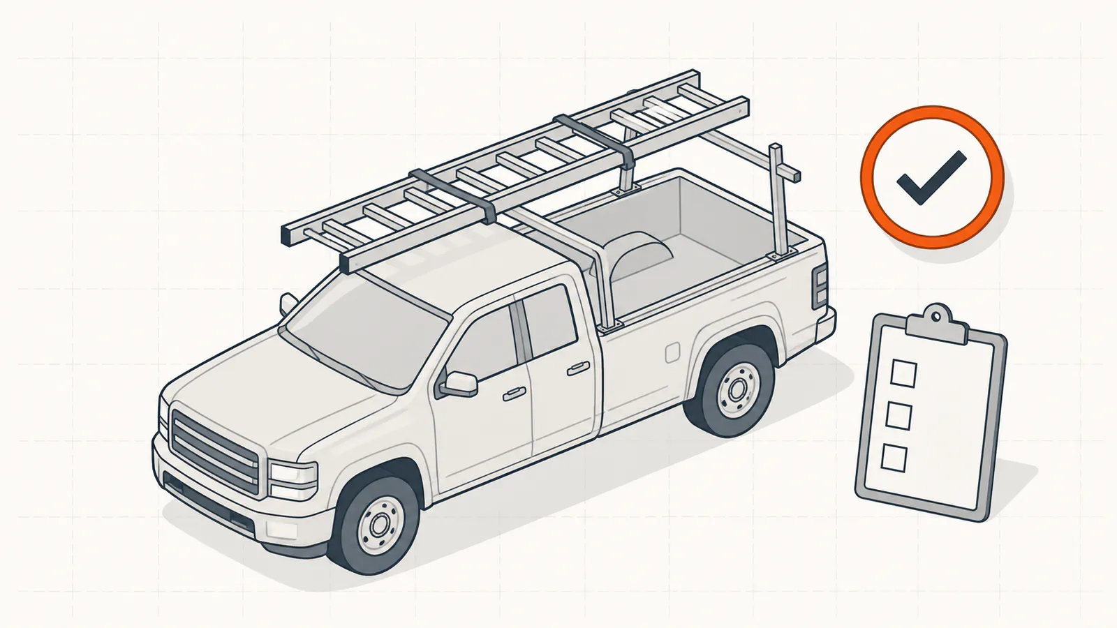 A work pickup with a ladder rack and a checked badge — vetting a roofing contractor.