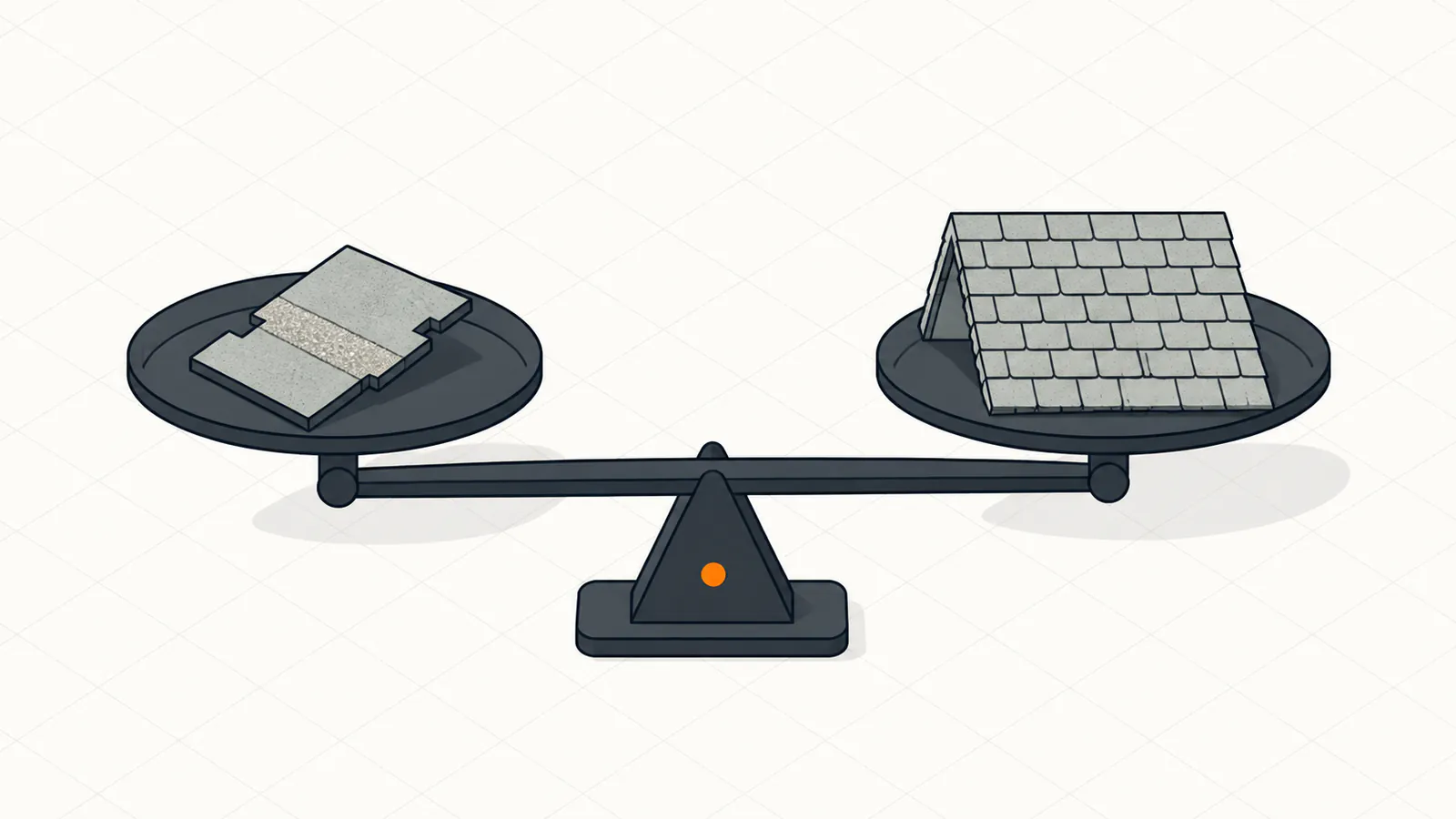 A balance scale weighing a patched shingle against a whole new roof — repair or replace.