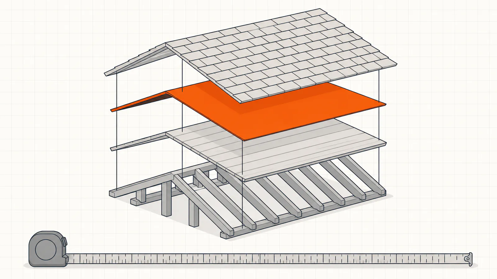 Exploded diagram of roof layers — rafters, decking, underlayment, shingles — the parts a replacement pays for.